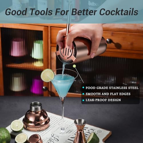 Cocktail Shaker Set Bartender Kit with Stand, 12 Piece Bar Set Drink Mixer Set with Stainless Steel Bar Accessories Tools: 25oz Martini Shaker Jigger Strainer Spoon Muddler for Cocktails (Rose Gold) - color: Rose Gold