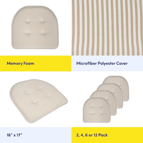 Sweet Home Collection Chair Cushion Memory Foam Pads Tufted Slip Non Skid Rubber Back U-Shaped 17" x 16" Seat Cover, 6 Count (Pack of 1), Pinstripe Taupe - color: Pinstripe Taupe, size: 6 Pack, style: Foam Pads