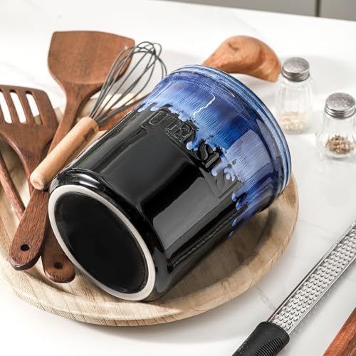 KOOV Cooking Utensil Holder, Large Ceramic Utensil Crock, Deep and Stable, Utensil Caddy for Countertop, Reactive Glaze (Nebula Blue) - color: Nebula Blue