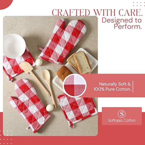 Oven Mitt & Pot Holder Buffalo Plaid Check 100% Cotton Heat Resistant Oven Gloves (7"x13") & Hot Pads (8"x8") Combo for Baking, Cooking - Red - color: Red, Buffalo Plaid