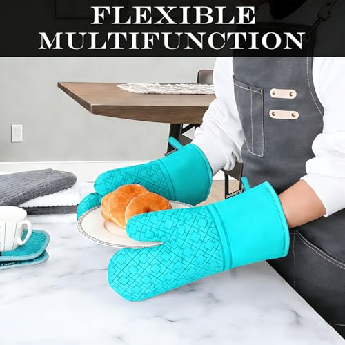 Oven Mitts and Pot Holders Sets 6pcs, Kitchen Oven Glove,High Heat Resistant 550 Degree Extra Long Oven Mitts and Potholders with Non-Slip Silicone Surface for Home Essentials (Grey) (Ice Blue) - color: Ice Blue