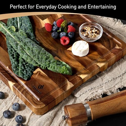 Extra Large End Grain Cutting Board for Kitchen with Non-slip Feet, Acacia Wood Heavy Duty Checkered Cutting Board with Juice Groove & Handle Handcrafted Luxury Chopping Board for Meat, Vegetables - size: 24"L x 18"W