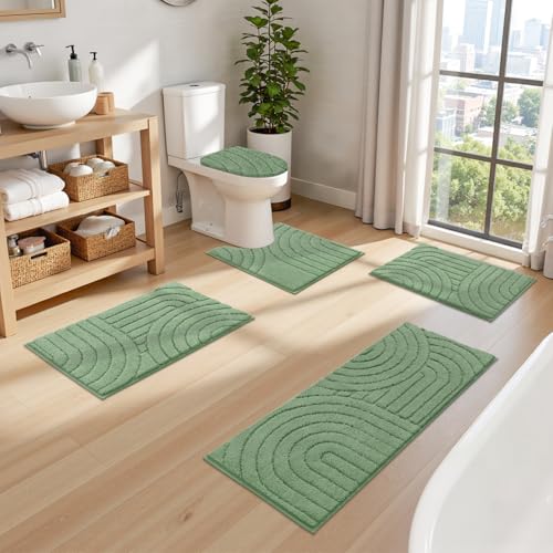 Pauwer Bathroom Rugs Sets 5 Piece, Absorbent Non Slip Bath Mat Set, Green | Machine Washable, Microfiber Plush, Quick Dry Runner, U Shaped Contour Toilet Rugs, Shower Mats and Toilet Lid Cover - color: Green