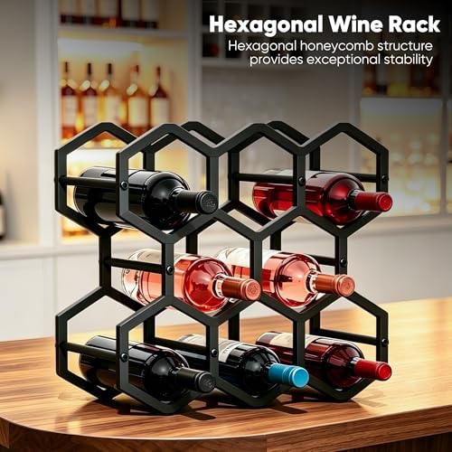 3-Tier Hexagon Metal Countertop Wine Rack, 8 Bottles Tabletop Wine Bottle Holder Stand for Cabinet Pantry, Indoor Outdoor Home Bar Storage Organizer - size: 3-Tier Hexagon