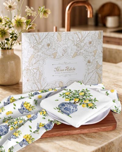 Flour Sack Kitchen Towels Set of 2, 18x26 Inch, Lemon Vase | 150GSM Cotton, Lint-Free, Quick Dry, Hanging Loop, Lightweight Tea Towels, French Home Decor, Chinoiserie, Housewarming Gift - color: Lemon Vase