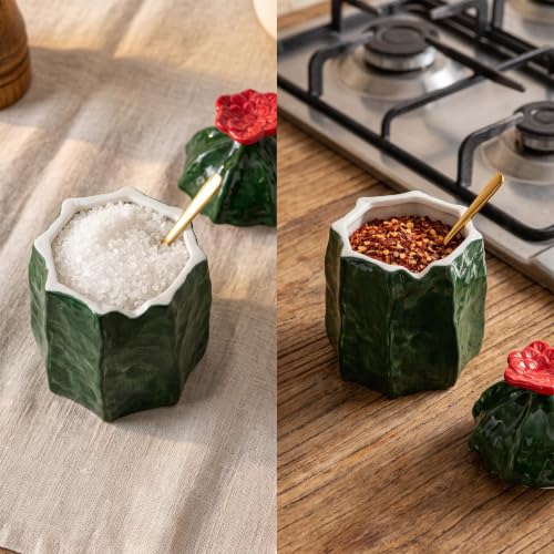 Cactus Ceramic Salt Cellar Sugar Bowl with Red Flower Lid and Gold Spoon | Green cactus ceramic salt cellar sugar bowl with red flower lid, notch, and gold spoon for kitchen countertop spice decor.