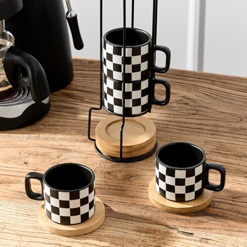 LUKA Porcelain Stackable Black and White Checkered Espresso Cups with Saucers and Metal Stand, 4 Ounce Small Ceramic Demitasse Cups Set for Coffee Drinks, Latte, Tea - Set of 4, Black Interior - color: 4BKG-Black & White