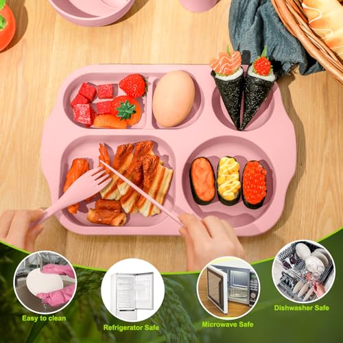 Honoson 24 Pcs Wheat Straw Dinnerware Cutlery Set, Service for 4, Unbreakable Plates and Bowls Set - Divided Plates, Bowls, Spoons, Forks & Knives, Microwave & Dishwasher Safe(Light Purple and Pink) - color: Light Purple, Light Pink