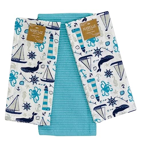 Summer Kitchen Pot Holder Oven Mitt Dish Towel Set: Fun Navy White Aqua Nautical Coastal, 5 pc Set (Coastal) - color: Coastal Set