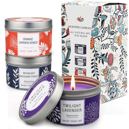 Scented Candle Gift Set for Women, 3 Pack Large Soy Wax Candles in Tins, 6.2 oz Each, 30-35 Hr Burn, Lavender, Orange Blossom & Mahogany Woods - size: Large 3-Tin Candle Set