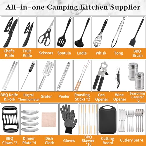 Camping Essentials Cookware Cooking Utensils Set - Portable Camp Kitchen Mess Kit Outdoor Accessories, Stainless Steel & Silicone, Camping Gear Equipment for RV Picnic Grill,Brown Pro | Stainless Steel & Silicone Mess Kit, Durable Outdoor Kitchen Gear for