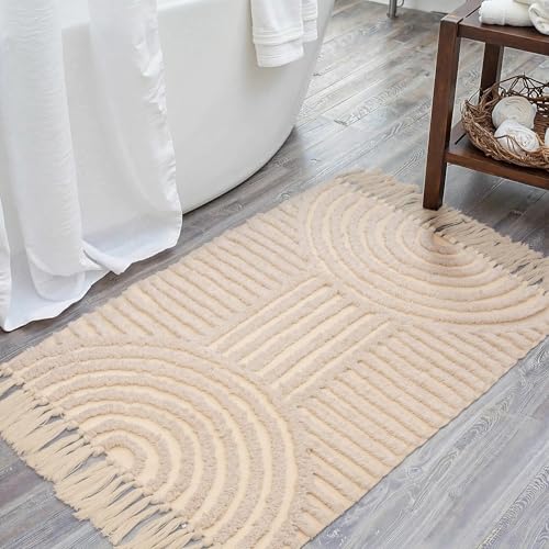 Boho Bathroom Rugs with Tassels 2'x3' Cute Bath Mat Beige Cotton Rug Fits Perfectly Into Your Bath Machine Washable Woven Rug, 24 x 36 inch - color: Rainbow Cream, size: Small(2'x3')