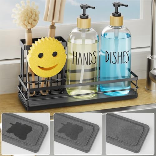 Moforoco Kitchen Dish Soap Dispenser Set, 16OZ Glass Bottle, Hand and Dish Soap Dispenser Set, Instant Dry Tray, Brush Holder with Smiley Face Sponge Holder (Black Tray+Clear Bottle) - color: Black Tray+clear Bottle