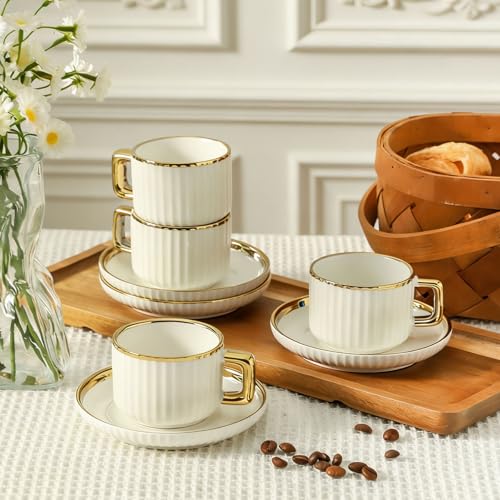 LETAOTAO Espresso Cups Set of 4, 3oz Espresso Cups and Saucers | Ceramic Coffee Cups with Gold Trim, Stackable Mini Demitasse Mugs for Espresso, Cappuccino,Latte, Americano and Tea - size: 3 Ounces