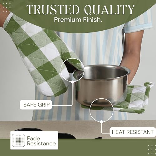 Buffalo Plaid Check Oven Mitts and Pot Holders Set, 100% Cotton, Heat Resistant, 2 Oven Gloves (7x13 Inches) and 2 Hot Pads (8x8 Inches) for Cooking and Baking, Mint Green White - color: Mint Green, Buffalo Plaid