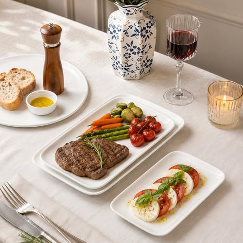 White Serving Platters Set of 3, Rectangular 15.5/13.5/11 Inch Serving Dishes for Entertaining, Ceramic Serving Trays for Party, Sushi, Steak & Dessert,Microwave & Dishwasher Safe - size: 15.5/13.5/11Inch Set