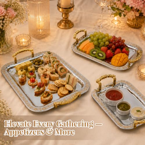 3 Pcs Silver Serving Trays with Handles | Metal Decorative Floral Rectangle Tray Set for Coffee Tea Dessert, Silver & Gold Platter for Buffet Wedding Home Decor