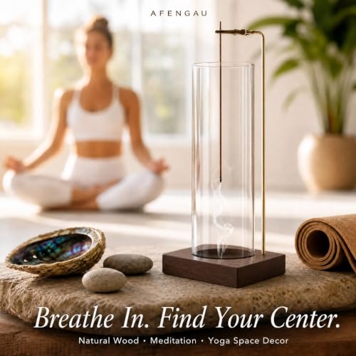 Wooden Aromatherapy Incense Holder – Upside Down Hanging Rack with 1L Ash Catcher for Home Office or Yoga Space Décor & Meditation (Glass Height 17cm)