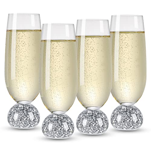 Hanjue Champagne Glasses Set of 4, Champagne Flutes, 7 Oz Lead-free Crystal glass, Clear Glasses Set, Bar Glassware, Ideal for Parties, Wedding, Birthday, Christmas, Long-lasting reusable glasses - color: Crushed diamonds