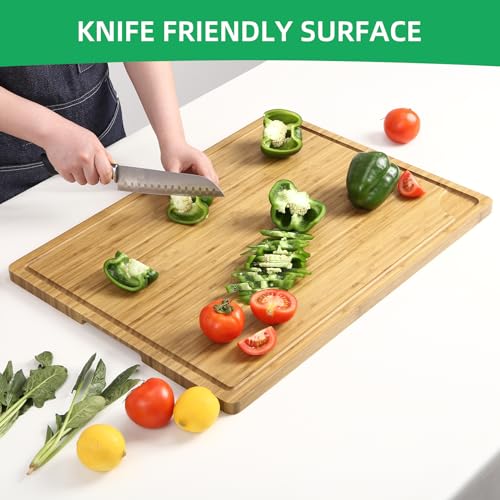 Takywep 24x18 Inch Large Cutting Board for Kitchen, Bamboo Wood Butcher Block Chopping Board with Handles and Juice Grooves, Reversible Cheese Board Charcuterie Serving Tray - color: Light Brown, size: 24"L x 18"W