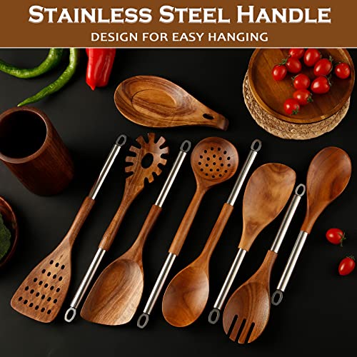 10PCS Teak Wooden Utensils Set With Holder & Spoon Rest, Stainless Handle | Non-scratch, Durable, Non Toxic, Non-Stick, Smooth Finish, Easy to Clean, Comfort Grip, House Warming Gift - size: 10Pcs Set