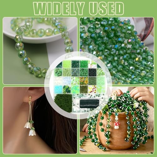 CYUXING 2746Pcs Beaded Plant Kit, Green Glass Beads for DIY Succulent Plants, Craft Beads Set with Ladybug Charm Floral Wire for Home Decor Jewelry Making, Artificial Greenery Supplies