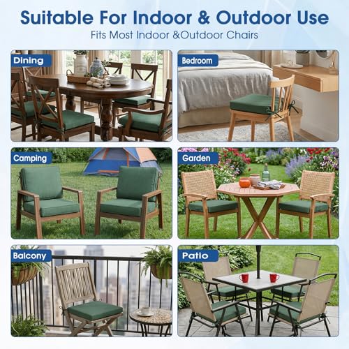 Outdoor Chair Cushions Set of 4, 19x19 Waterproof Patio Pads, Dark Green | Fade resistant fabric with ties, handle and 3-inch foam for dining seats, decks, porches, gardens and hard seating - color: Dark Green