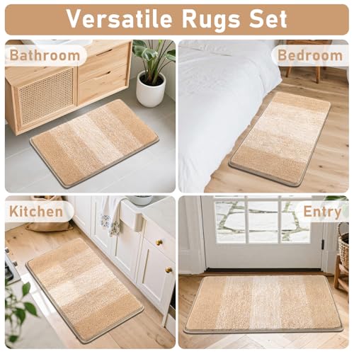 Bsmathom Bathroom Rug Set 4 Piece, Plush Microfiber Bath Mat, Beige | Extra Water Absorbent, Non Slip Washable Runner Bath Rugs with Toilet Lid Cover and U-shaped Contour Toilet Mat - color: Beige, size: 18"x26"+18"x48"+U20"x24"+Cover19"x21"