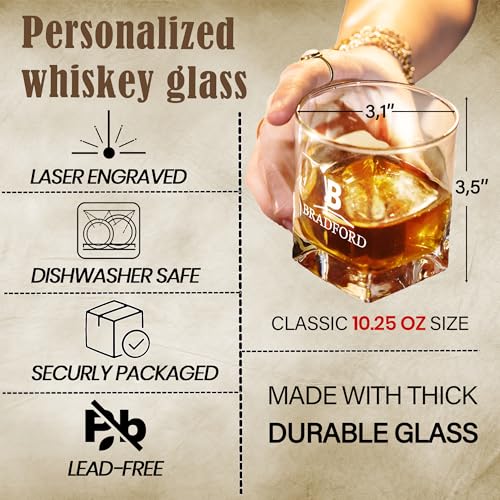 Personalized Whiskey Glass Gift Set – 10.25 oz Engraved 1 Bourbon Glass & 3 Stones & 1 Wooden Coaster with Wooden Box,Old Fashioned Cocktail Glass, Groomsmen & Father’s Day Gift.