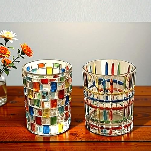 Set of 6 or 5 Hand-painted Colorful Glass Tumblers, Drinking Glassware, Cocktail Glasses for Iced Coffee Juice Tea Beverage Milk Wine With Artistic Design - color: Vertical-Stripes Set of 5