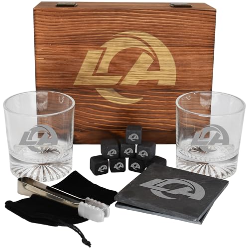 The Memory Company Licensed NFL Wood Boxed Drinkware Gift Set - Includes 2 Premium Rock Glasses, Cooling Cubes, Tongs, and Coasters, Los Angeles Rams - color: Los Angeles Rams