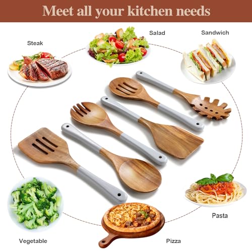 Wooden Spoons For Cooking, 6 Pieces Natural Acacia Wooden Cooking Utensils or Non-Stick Wooden Kitchen Utensil Set for Kitchen Essentials, Wood Cooking Utensils Set with Hanging Hole, Grey - color: Gray