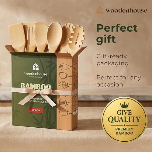 Wooden Spoons for Cooking, 6 Pcs Bamboo Utensil Set – Nonstick Safe | Heat-Resistant, Easy to Clean & Sturdy – Smooth Finish with Comfortable Handles, Food-Safe - size: 6 Pieces