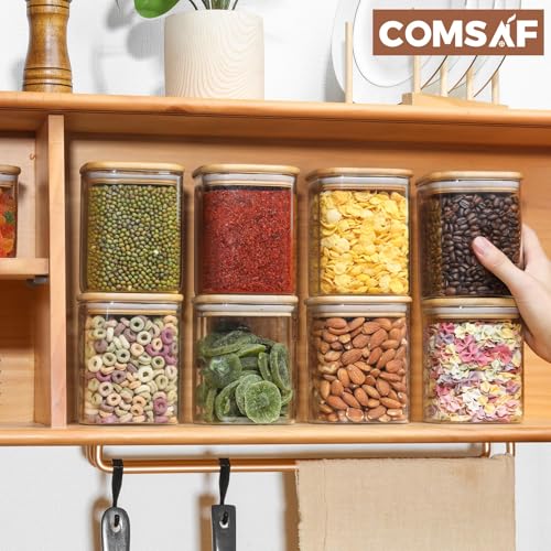 ComSaf Glass Jars with Bamboo Lids 0.8 Qt, Set Of 6 Pantry Galss Jars | Glass Storage Containers with Lid, Pantry Organizer and Storage, Lid with Silicone Seal, Pasta, Spice, Coffee, 27oz, BPA Free - size: 0.8Qt*6