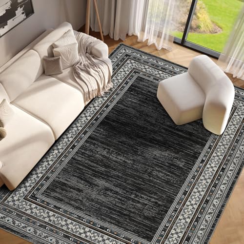 Neutral Rugs for Living Room 9x12 Washable Non Slip Modern Solid Area Rug, Stain Resistant Bordered Soft Carpet, Neutral Foldable Floor Rugs for Bedroom, Dining Room, Nursery, Black | Non Slip Low Pile Stain Resistant Bordered Foldable Soft Textured Solid