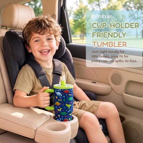 Fimibuke 20oz Kids Insulated Tumbler with Handle, Toddler Water Bottle | Leakproof 18/8 Stainless Steel Cups w/ Flip Straw Lid & Silicone Straw, BPA Free Water Bottle Kids School Gift for Boys Girls - color: Dinosaur & Monster Trucks