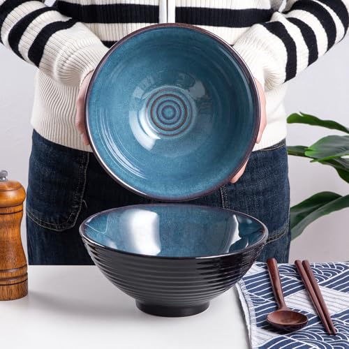 Ceramic Japanese Ramen Bowl Set, 2 Sets Asian Pho Udon Soup Noodle Bowls with Spoons and Chopsticks (Starry Blue, 8 inches) - color: Starry Blue