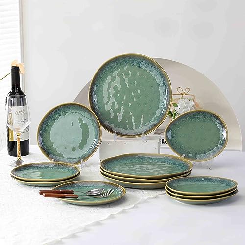Henten Home Ceramic Appetizer Plate Set, 6.75 Inch Dessert Plates, Reactive Glaze Serving Plates for Snack, Sushi, Set of 4, Microwave & Dishwasher Safe (Green) - color: Green, size: 6.75 inch