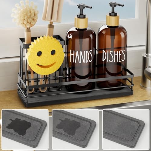 Moforoco Kitchen Dish Soap Dispenser Set, 16OZ Glass Bottle, Hand and Dish Soap Dispenser Set, Instant Dry Tray, Brush Holder with Smiley Face Sponge Holder (Black Tray+Amber Bottle) - color: Black Tray+amber Bottle