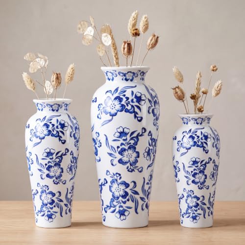 LemonRoad 3 Pack Chinoiserie Vases Porcelain Blue and White Vases for Flowers Pottery Chinoiserie Ceramic Vase for Living Room Mother's Day Decor Table Centerpiece, 6.7", 8.3", 10"(Lotus) - style: Lotus