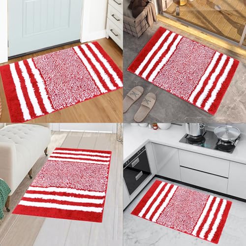Red Bath Rug Mat Non Slip,Stripe Floor Doormat,20"x32" | Small Area Rug,Throw Rugs,Rubber Backed,Soft microfiber,Machine Washable,Bathroom,Entryway,Kitchen,Bedroom - color: Red4