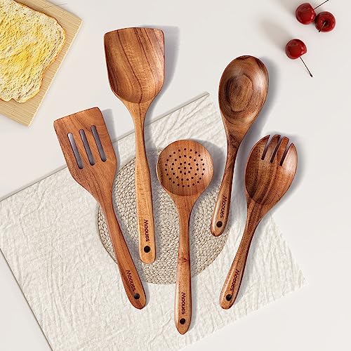 Wooden Kitchen Utensil Set, 5 PCS Natural Teak Wooden Spoons for Cooking | Wooden Spoons for Cooking with Comfort Grip, Smooth Durable Heat Resistant Cooking Spoons and Cooking Utensils for Cooking - size: 5 PCS Set