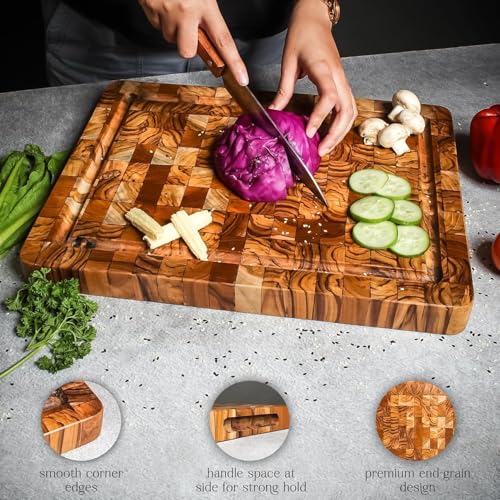 Premium End Grain Wood Cutting Board 16x12 – Large Reversible Butcher Block with Juice Groove, Side Handles, Smooth Corners, christmas,new year, thanksgiving