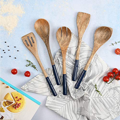 Folkulture Premium Wooden Spoons for Cooking,Kitchen Utensils Set of 5(12") | Soft, Comfort, Non-Toxic Cooking Utensils Set for Kitchen, Acacia Wooden Utensil Set, Cooking Gift, Kitchen Essential - color: Blue