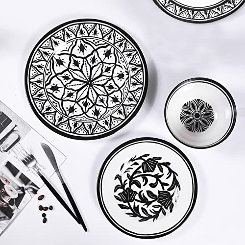 Melamine Dinnerware Sets-12pcs Melamine Plates and Bowls Set, Round | Unbreakable, Dishwasher Safe, Indoor Outdoor Use, Ideals for Parties, Camping Dish Set, Black and White Pattern - color: Black White