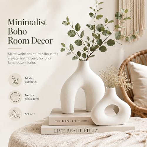 White Ceramic Donut Vase Set of 2, Modern Boho Table Decor | Ideal for mantels, consoles, dining tables, entryways, bedrooms, offices, shelves, coffee tables and nightstands.