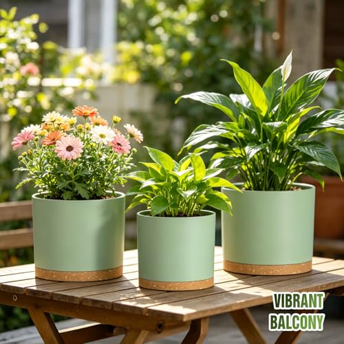 10/9/8 Inch Plant Pots 3 Pack, with Drainage Hole & Saucers | Cylindrical plastic planters with drainage holes & saucers. Modern matte finish, lightweight & durable for indoor/outdoor use - color: Matte Green&brown