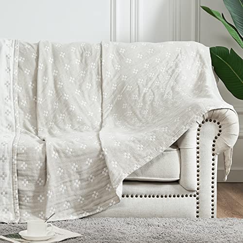jinchan 100% Cotton Muslin Blanket Twin Boho Throw Blanket 60x80 Oatmeal | 3-Layer, Geometric Cross Quilt, Cooling Breathable Lightweight, for Adult, Soft, Reversible, Summer, Couch, Sofa, Bedroom - color: B. Cross Grey, size: 60"x80"