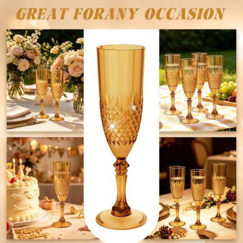 12 Pack Plastic Champagne Flutes, Amber Reusable Champagne Glass | Unbreakable Hard Plastic Mimosa Cups Bulk with Stem, Fancy Stemware for Wedding, Party & NYE Celebration - color: Amber
