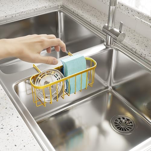 SWTYMIKI Sponge Holder for Kitchen Sink, Kitchen Sink Caddy Rustproof Sponge Caddy for Hanging 1.5” Middle Divider Double Bowl Sinks, No Suction Cups, Gold - color: Gold